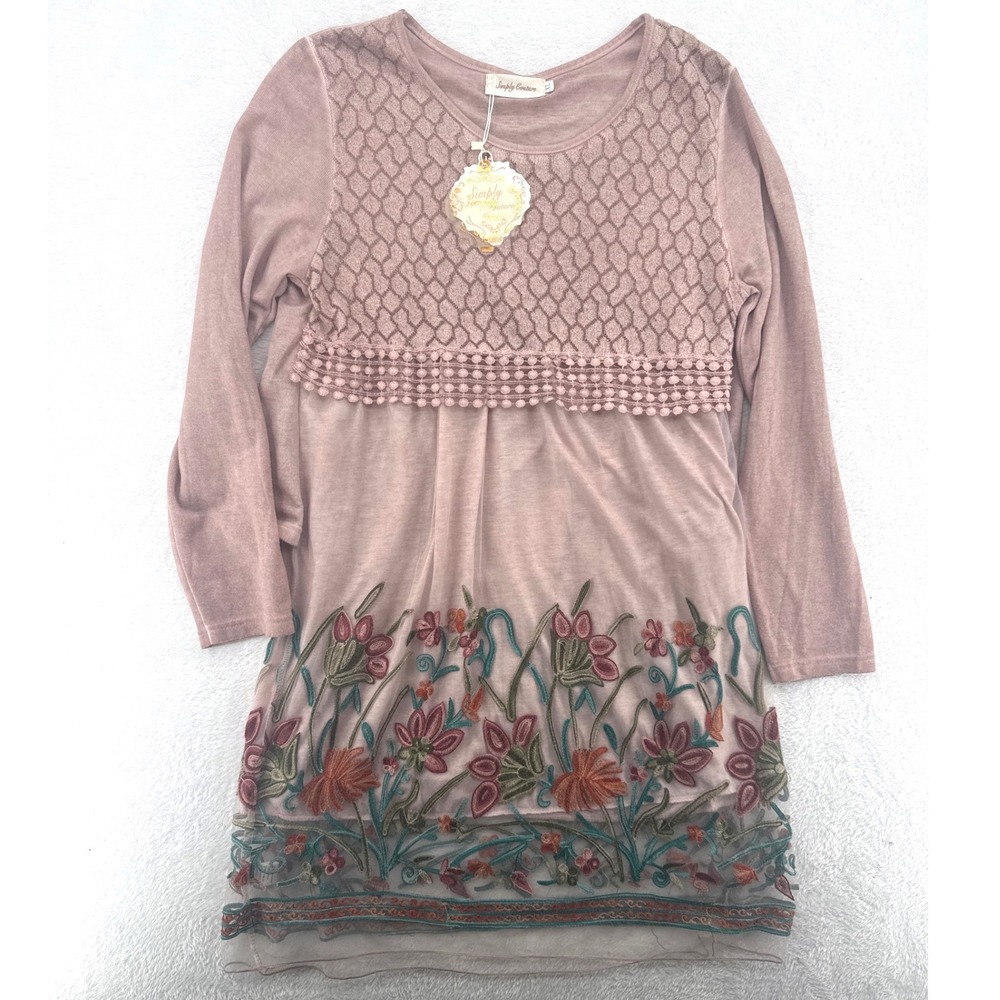 Bohemian Simply Couture Womens Tunic XL Pink Floral Embroidery Mesh Boho NWT